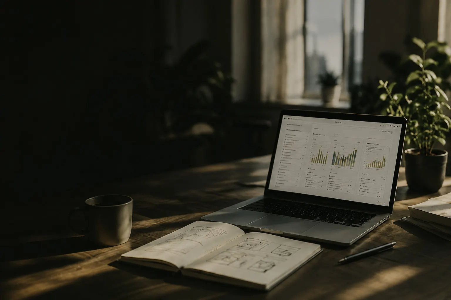 Laptop with an analytics dashboard on a desk beside a sketchbook